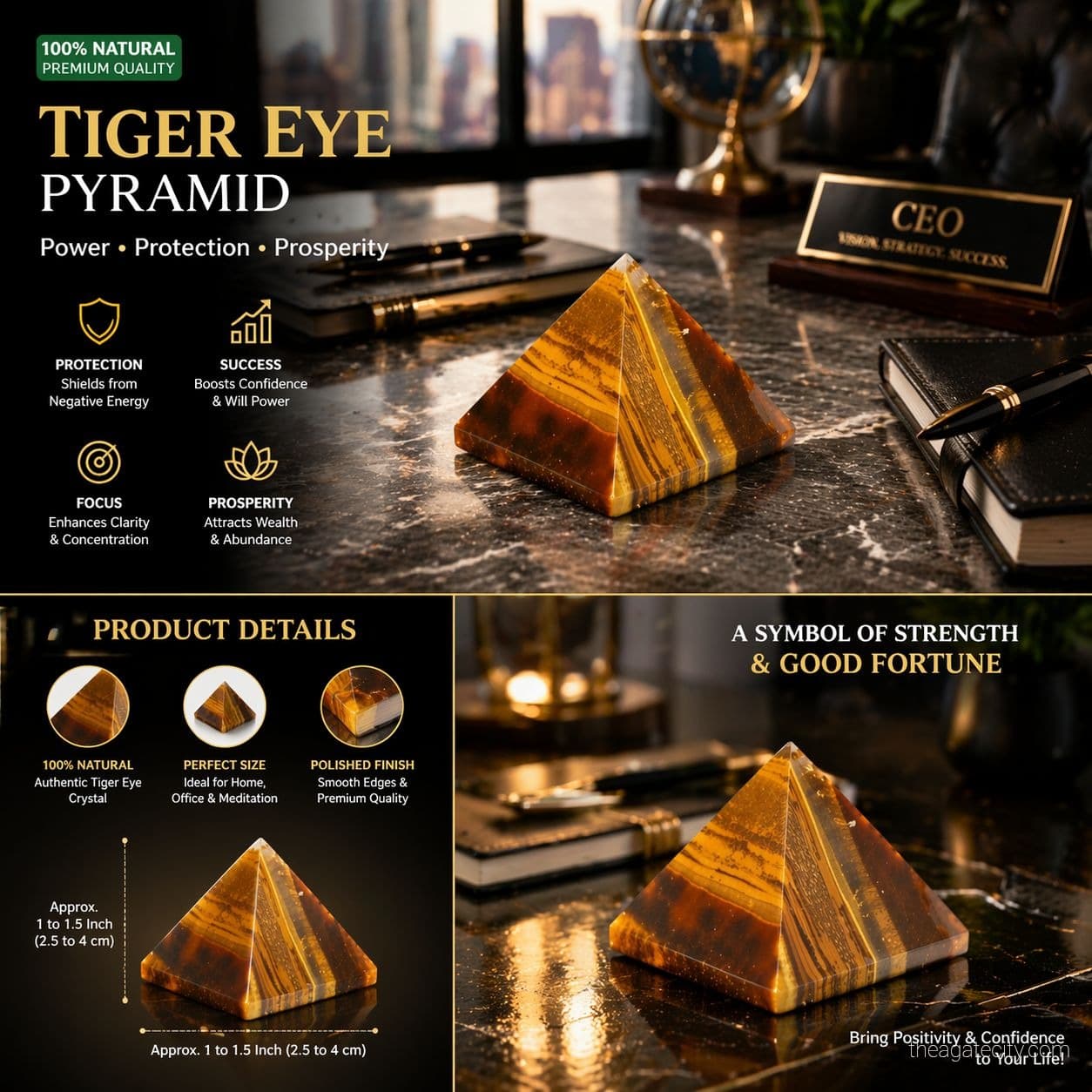 Natural Tiger Eye Stone Pyramid - Polished Crystal Decor  - 100-150 gram - 2