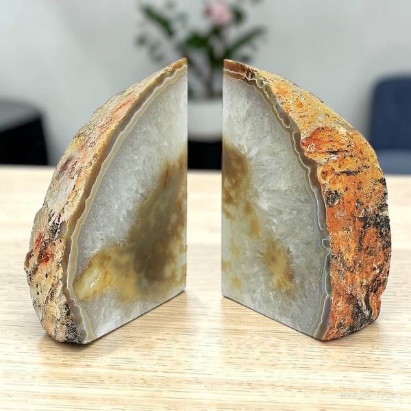 Agate Bookends Pair | Polished Stone Book Ends | Geode Office Home Decor - 1