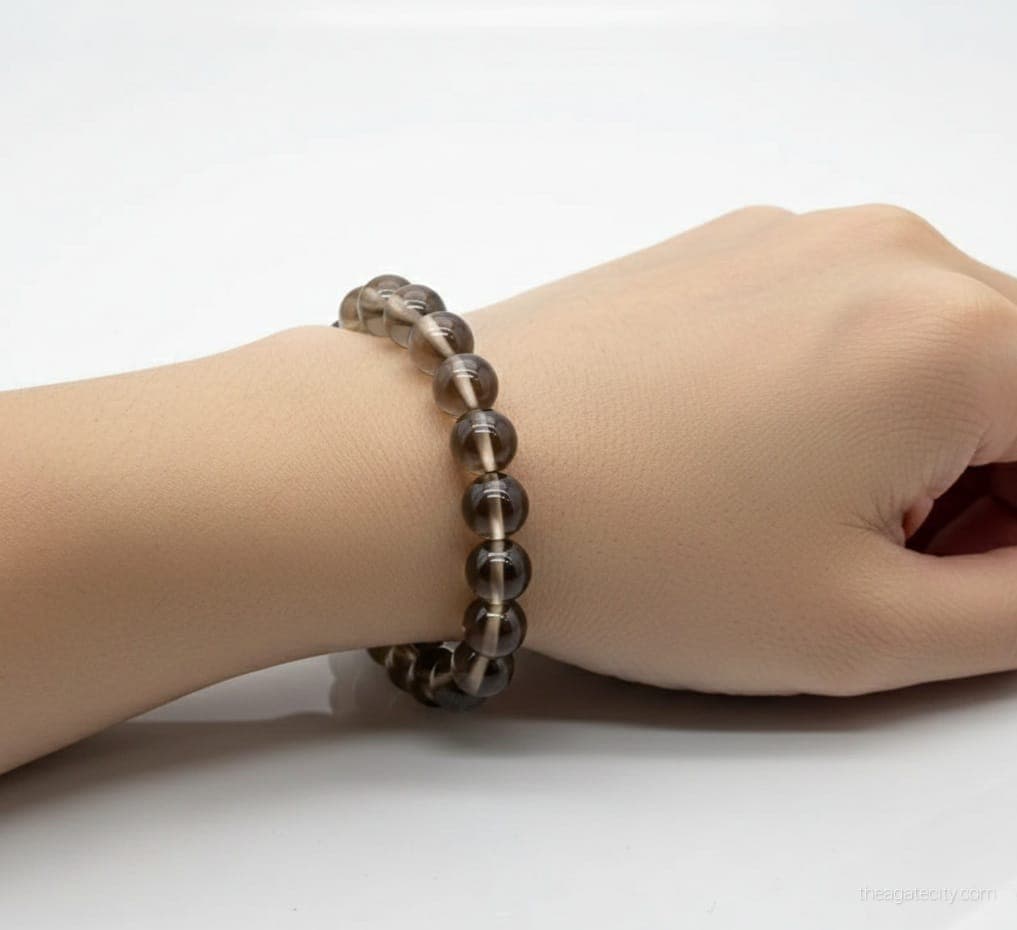 Natural Smoky Quartz 8 mm Smooth Round Gemstone Beads Stretch Bracelet - 3