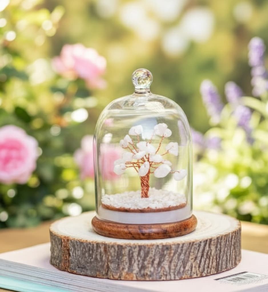 White Crystal Stone Tree in Glass Dome - 2
