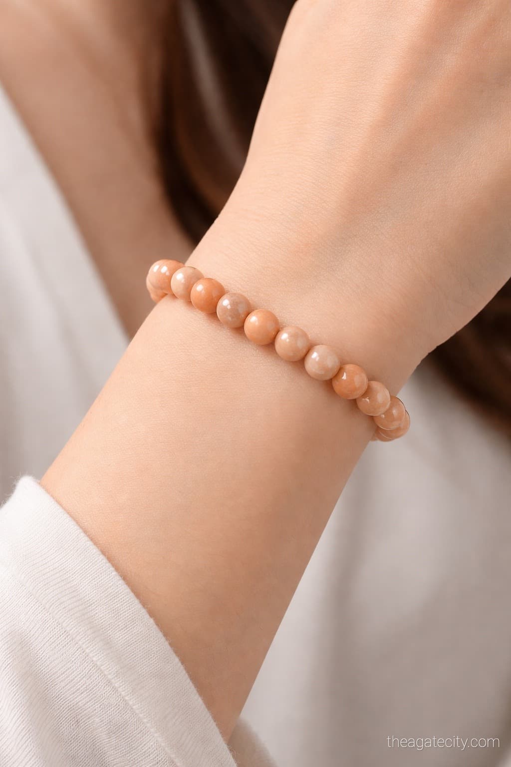 Natural Peach Moonstone 8 MM Smooth Round Beads Bracelet - 3