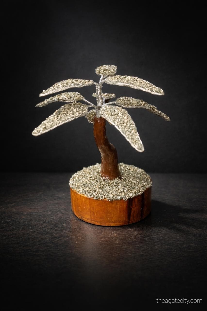 Pyrite Crystal Palm Tree Decor | Handmade Mini Tree Sculpture | Luxury Home & Office Table Decor Gift - 3