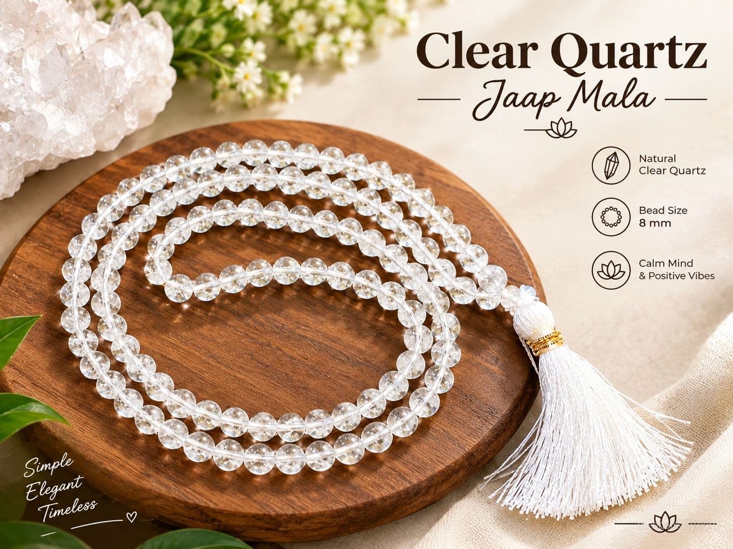 8 MM Round Clear Quartz Japa Mala | Natural Certified Quartz Handmade - 2